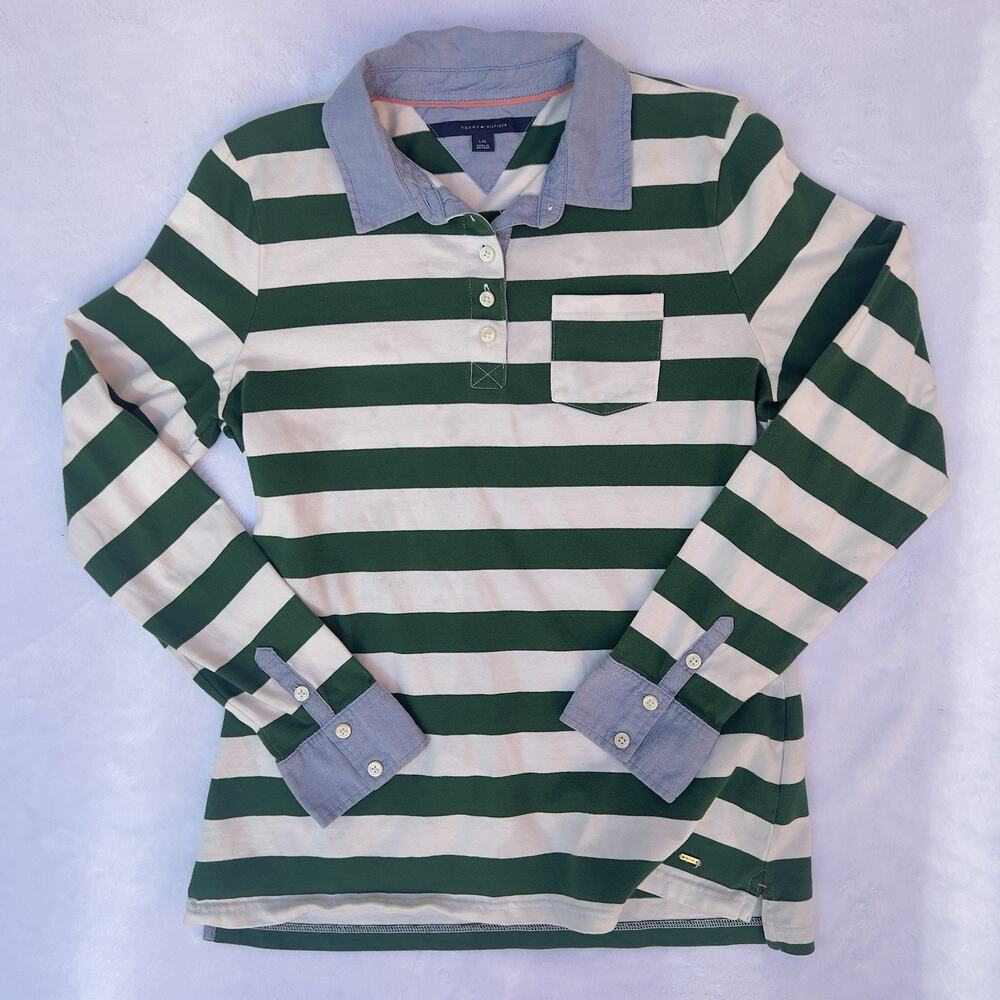 VTG Tommy Hilfiger Women’s Green/White/Blue Striped Long Sleeve Polo Size L